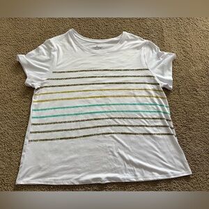 White T-Shirt with Multicolor Stripes.
